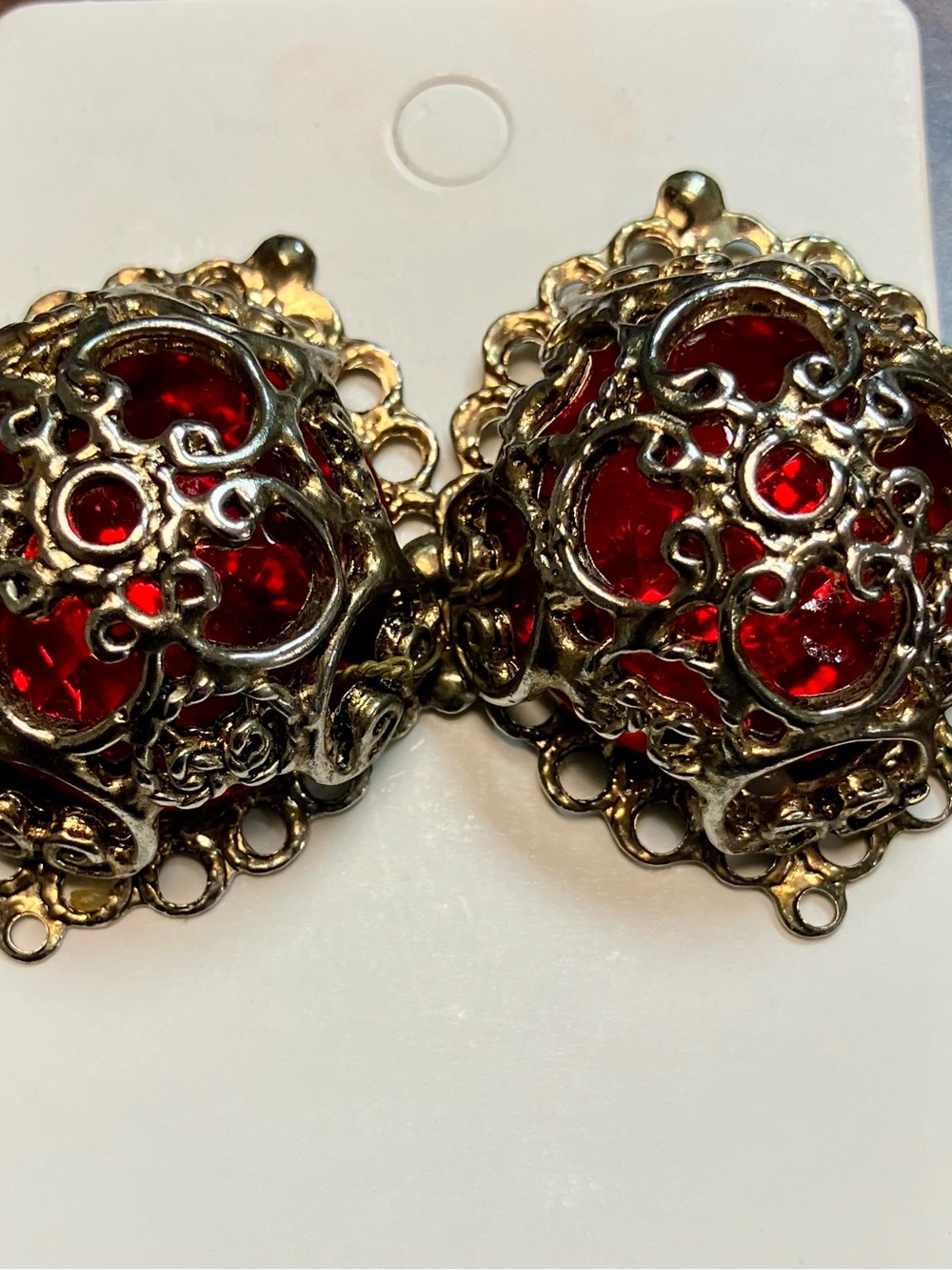 Antique red and gold tone Filigree earrings (1part that goes in ear replaced)